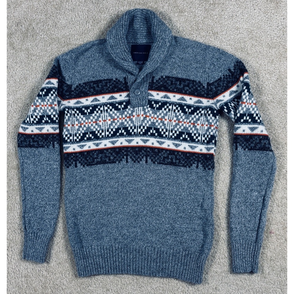American Eagle Mens Grey Geometric Shawl Collar Button Pullover Sweater XSmall